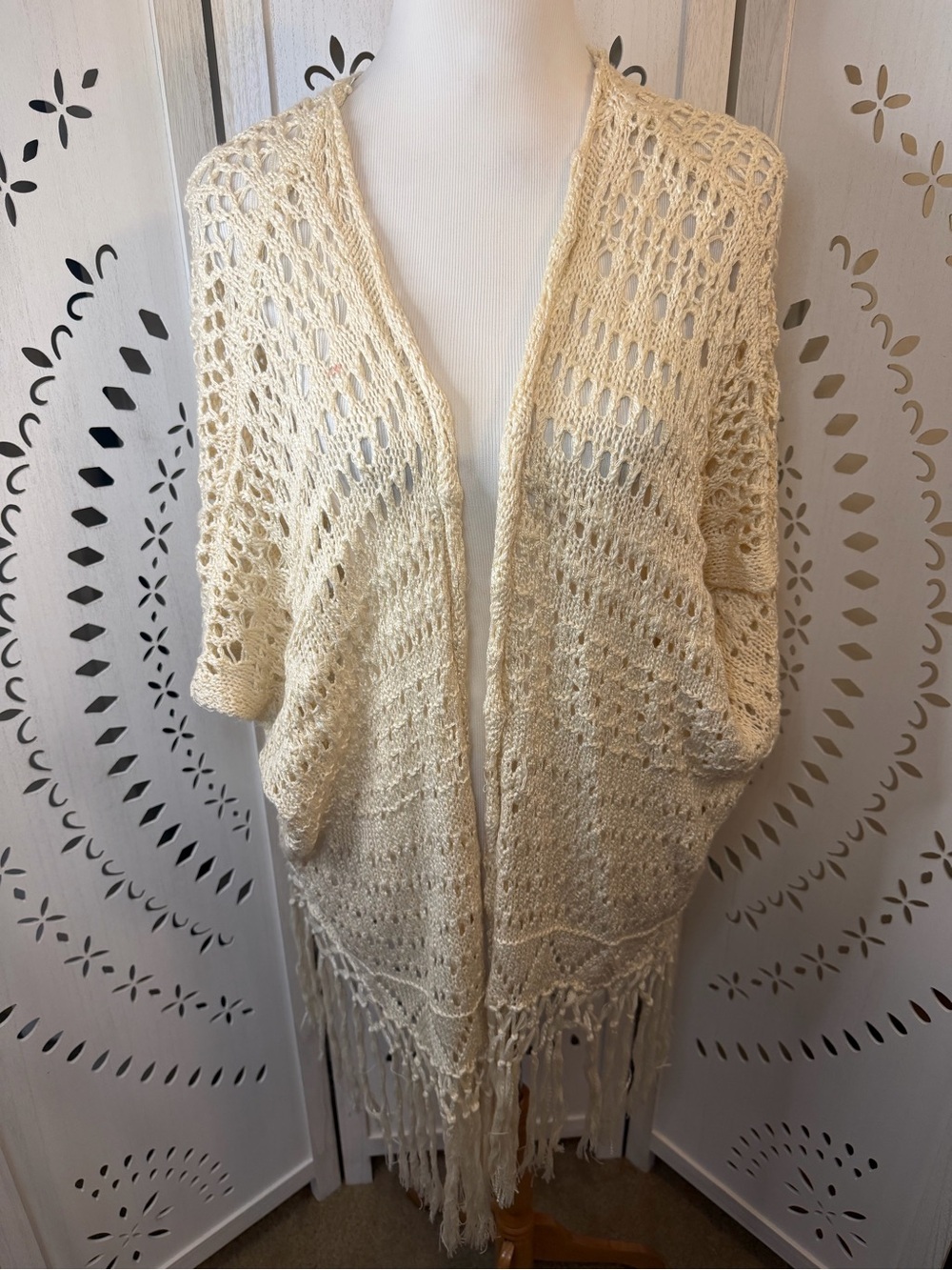 Umgee Cream Crochet Fringe Open-Front Kimono Cardigan Boho Hippie